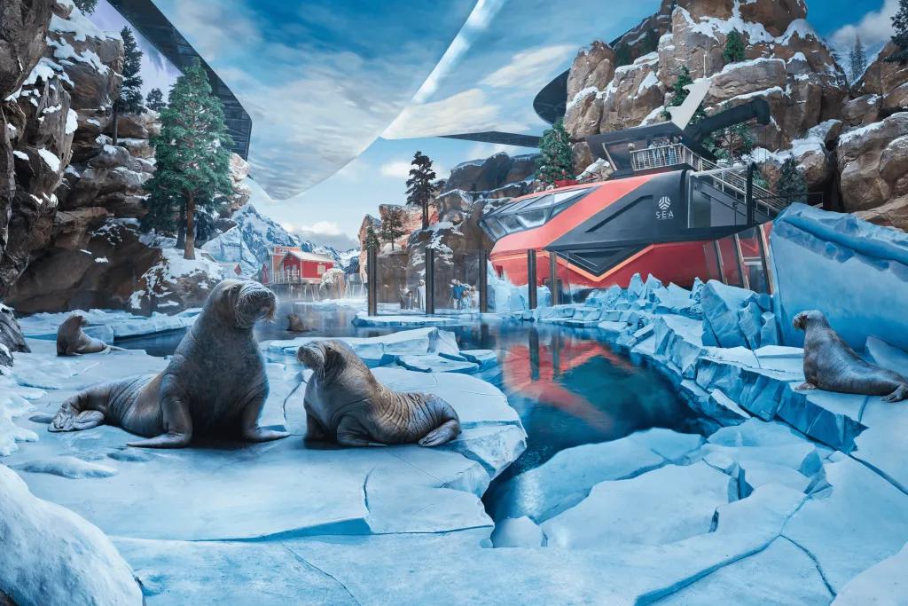 Image of walruses sat on ice sheets, behind there is an arctic orange building. There are rocks with snow on them on either side.