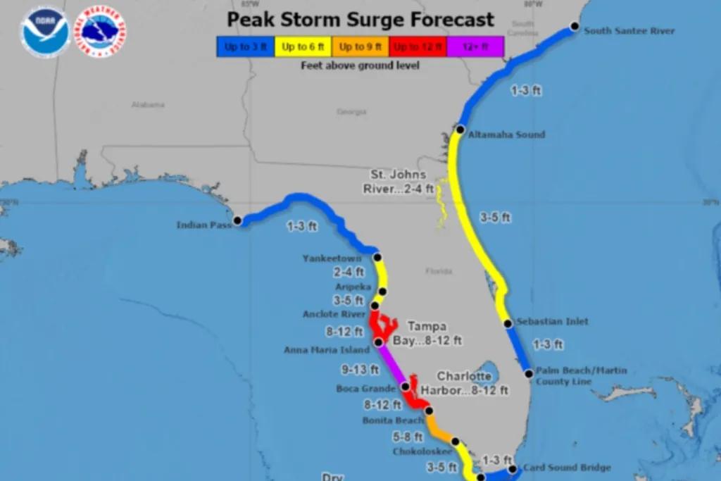 Huge map of Florida which outlines the coast in many different colours showing how large the storm surges will be in each area.