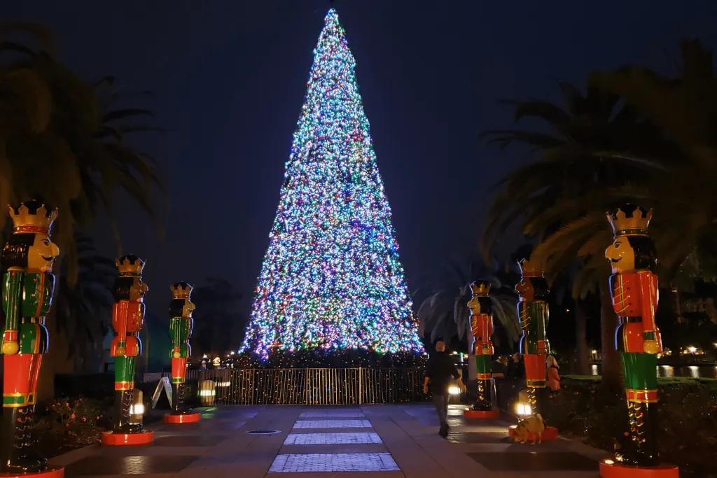 A walkway through rows of nutcrackers facing inwards and at the end there is a huge Christmas tree with multicoloured lights on.