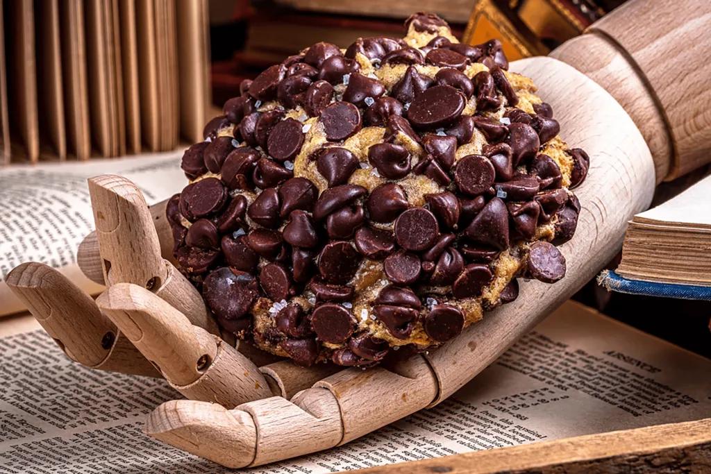 There is a wooden hand of a mannequin holding a chocolate chip cookie.