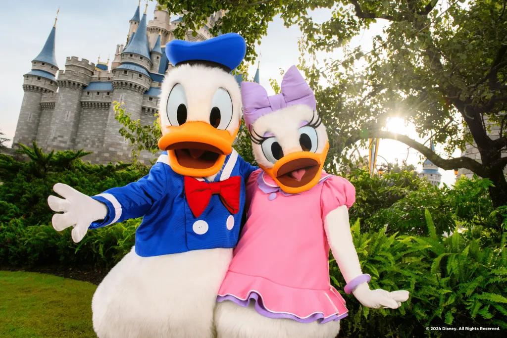 Large white ducks called Daisy Duck and Donald Duck stood arm in arm in front of a large blue and pink castle. 