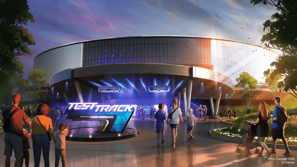 An artist impression of people walking towards Test Track at EPCOT