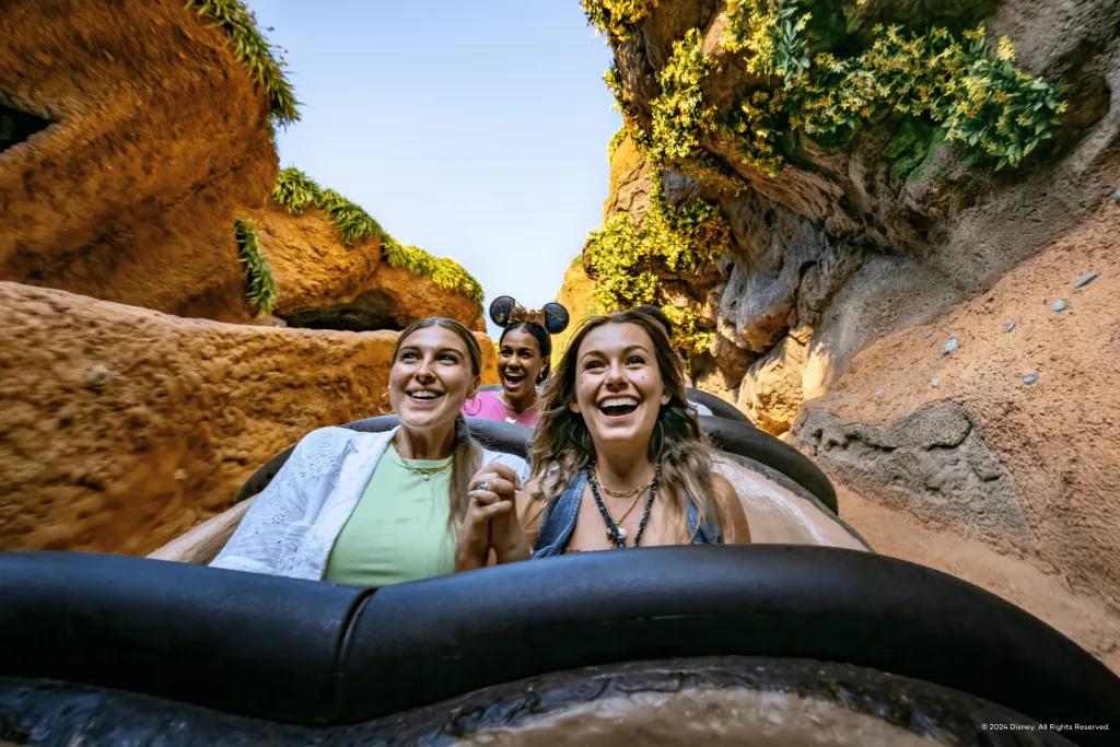 Two young women holding hands and smiling on a log flume, about to drop.