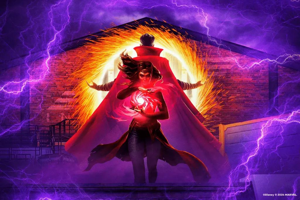 The Scarlett Witch wearing a red suit and cape holding red light in her hands and a menacing look on her face. Behind Doctor Strange has his back to her opening a light yellow portal to another dimension.