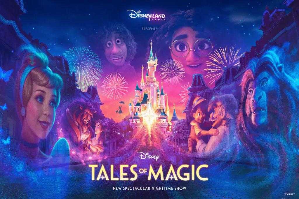 A designed image of the pink and blue castle surrounded by images of Disney characters in the sky