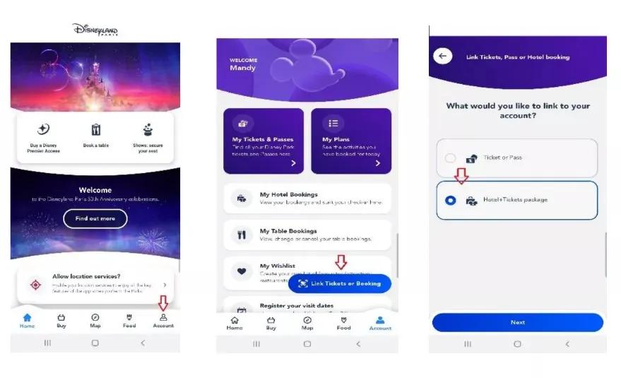 Screenshots showing how to link your Disneyland Paris booking to the Disneyland Paris app