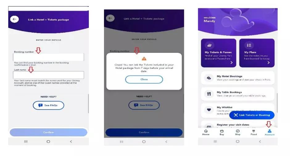 Screenshots showing how to link your Disneyland Paris booking to the Disneyland Paris app