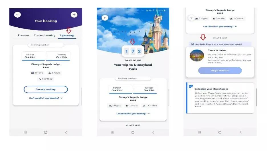 Screenshots showing how to link your Disneyland Paris booking to the Disneyland Paris app