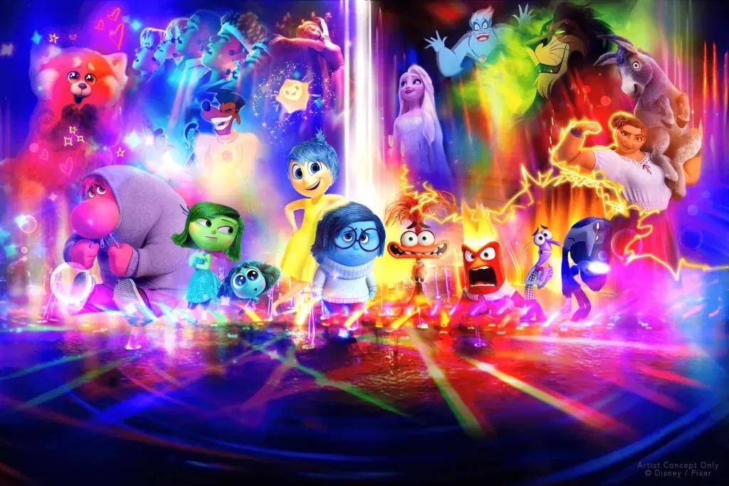 Konzeptkunst mit Pixar/Disney-Figuren in vielen Farben, darunter Alles steht Kopf, Die Eiskönigin, ROT, Encanto und viele mehr