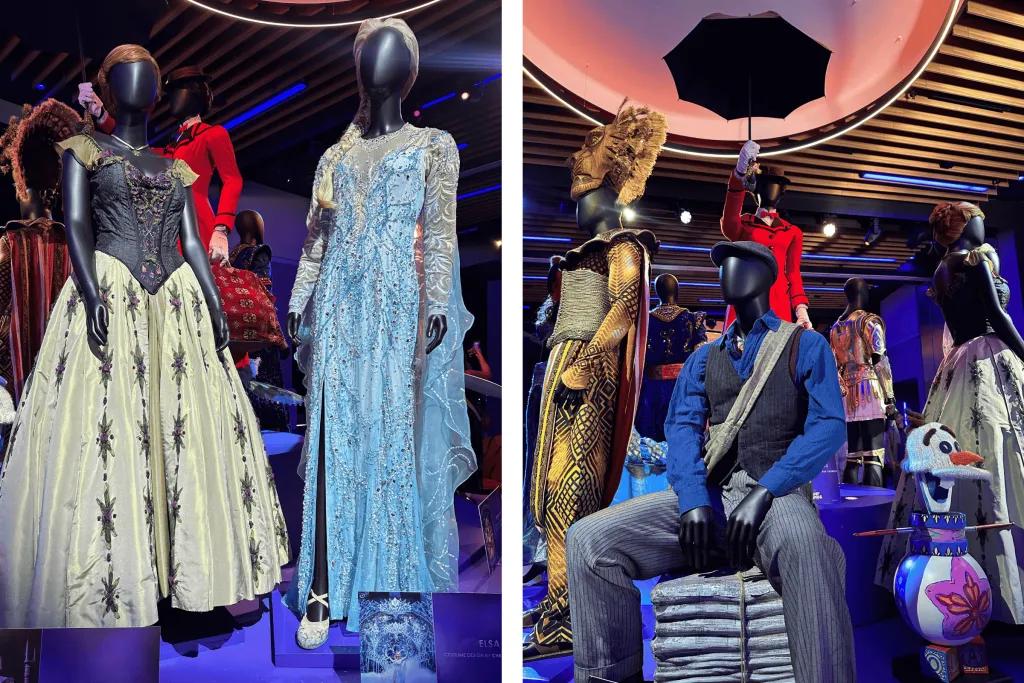 Costumes from Disney stage musicals being displayed on manikins in an exhibition