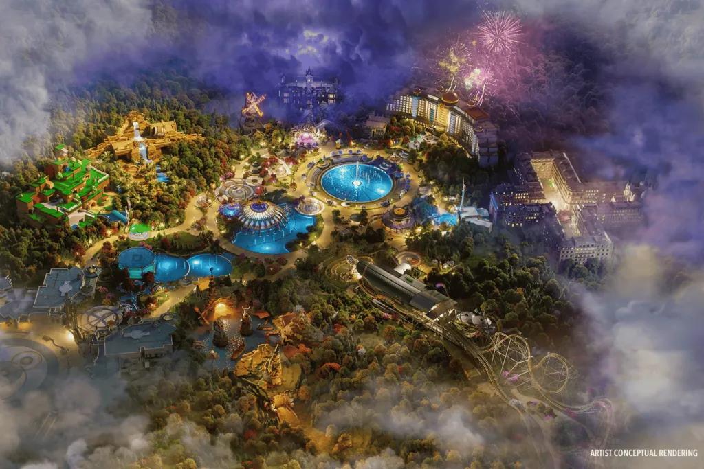Concept art of a bird's eye view of Universal Epic Universe