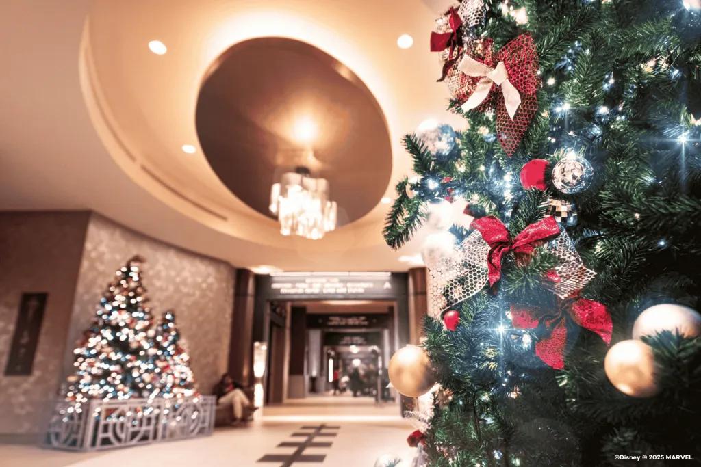 Christmas trees in the lobby of Disney Hotel New York - Art of Marvel