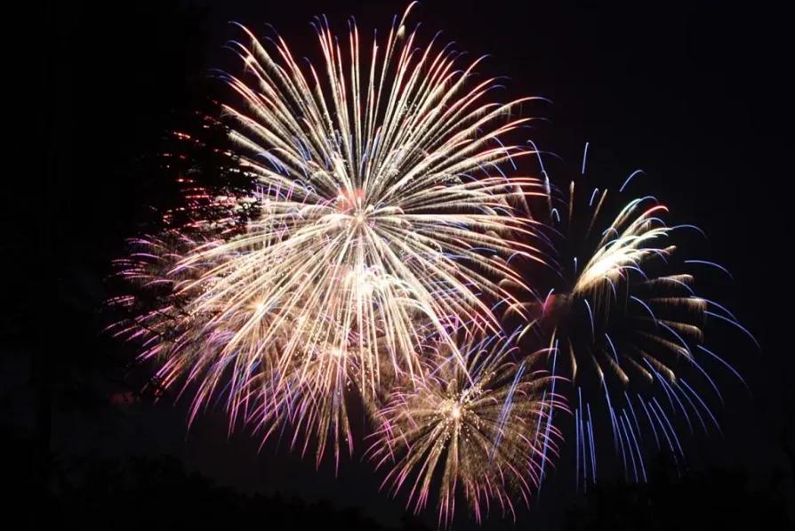Ein Silvesterfeuerwerk strahlt in gold, rot und blau vor einem dunklen Himmel