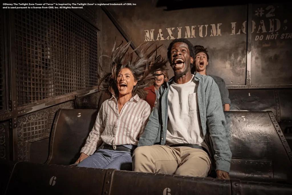 A group of friends screaming while dropping on Tower of Terror at Disneyland Paris