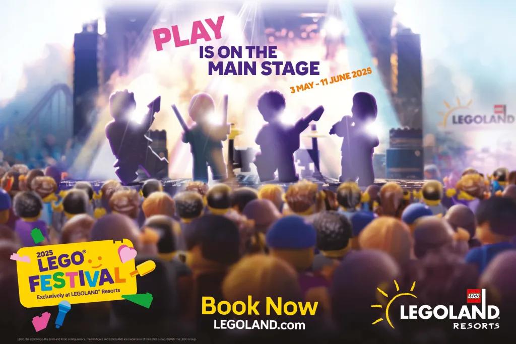 Four LEGO characters on stage performing for loads of lego people. It says 'PLAY IS ON THE STAGE" with dates 3 MAY - 11 JUNE 2025.
