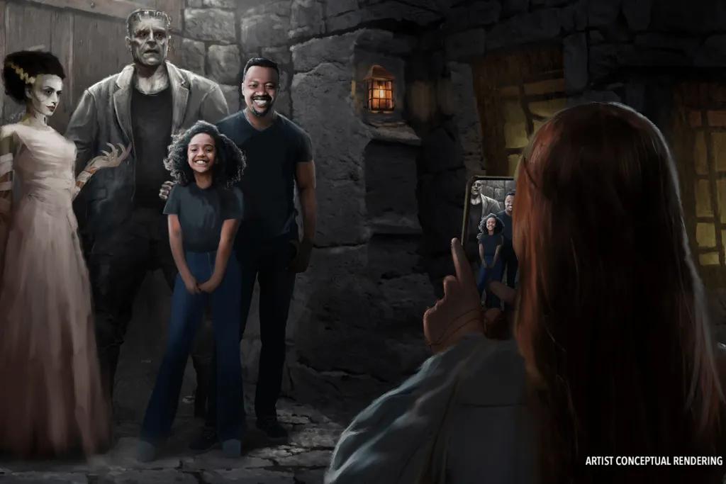 Meet and greet with some monsters at Epic Dark Universe, including Frankenstein and Franstein's wife with a couple of people posing for a photo next to them.