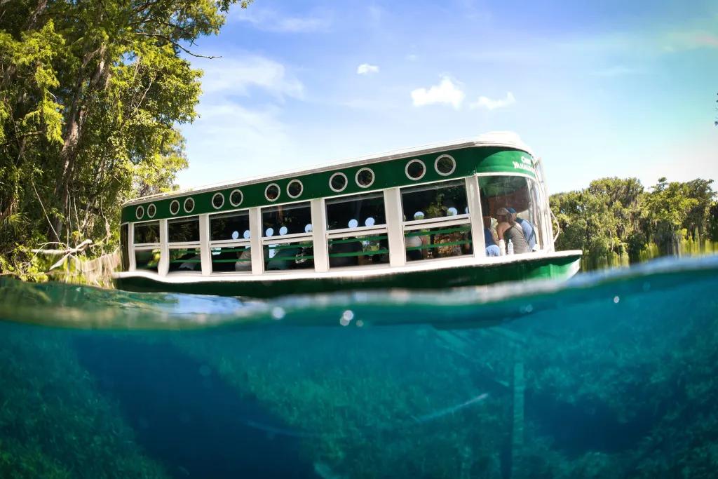 There is a medium sized green and white boat floating along the Crystal River and you can see under the water.