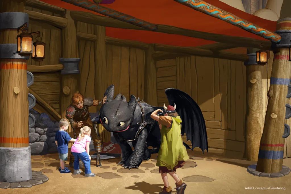 A couple of kids meeting Toothless, a black cartoon dragon with Hiccup, the Viking. There is also a Viking photographer.