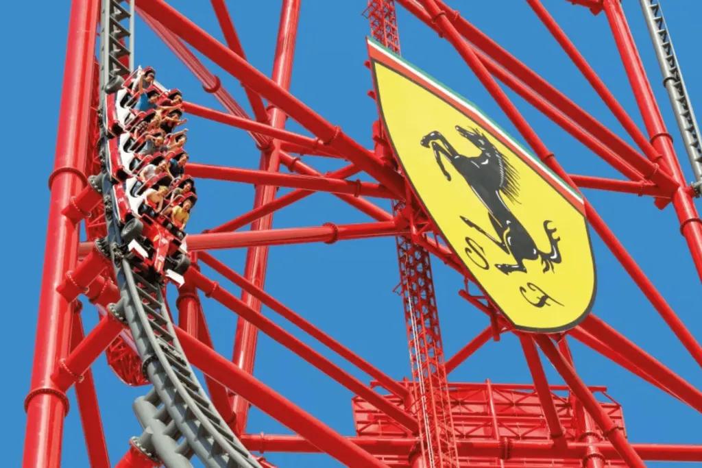 Riders going down the drop on Red Force in Ferrari Land