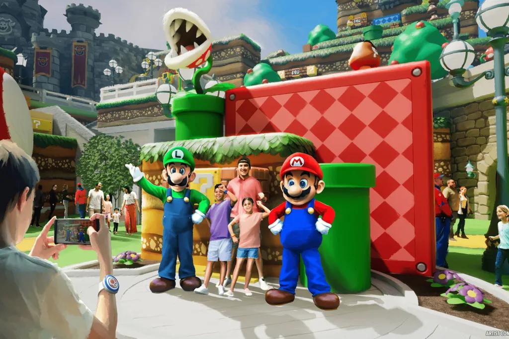 Nintendo World, Mario and Luigi are stood with an adult and their two kids posing for photos by a green pipe tunnel and underneath an alive cow plant.