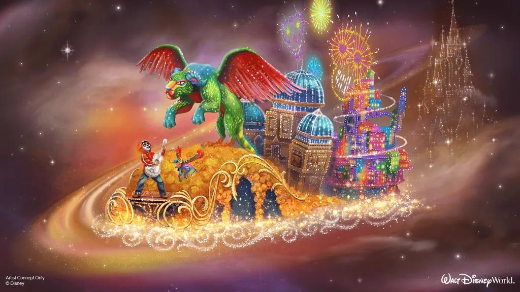 Coco stood at the front with the skull face paint and red hoodie as the spirit animal of a lion mixed with a bull with wings flies over his head. Behind there is dazzling buildings on the float, incredible flowers and skull fireworks.