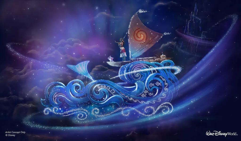Artist concept image of Moana's float in Disney's new night time parade. Moana is stood on her boat on top on a wave with a whale tale sticking out on the float.