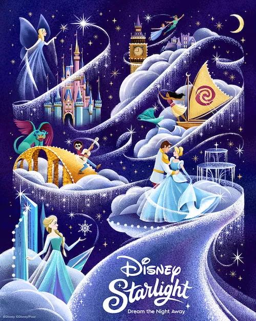 A poster featuring Disney characters including Elsa, Cinderella and Peter Pan, promoting the Disney Starlight Parade