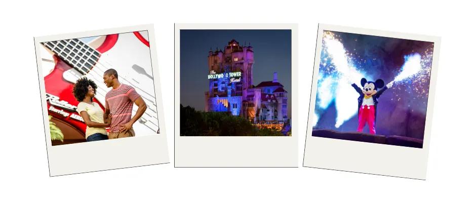 3 polaroid images - one of a couple outside the rock n rollercoaster, one of the tower of terror at night and one of Mickey during Fantasmic!