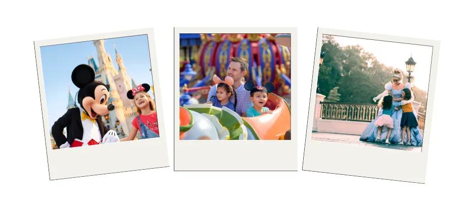 Three polaroids, one with Mickey Mouse and a girl, one with people sat in the dumbo spin ride and the last featuring two young kids hugging Cinderella by the castle.