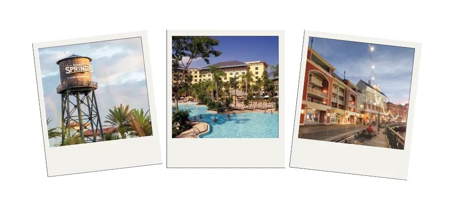 Three polaroids, one of the water tower at Disney Springs, another of a Disney resort and finally one of the boardwalk.