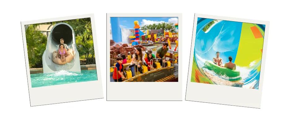 Three polaroid's, two of waterslides with two people in rubber rings and one of a family on a lego ship squirting water guns at other people. 