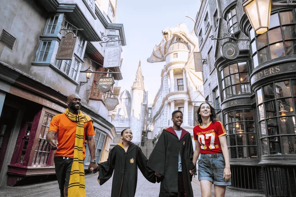 A family walking through Diagon Alley at Universal Studios Florida
