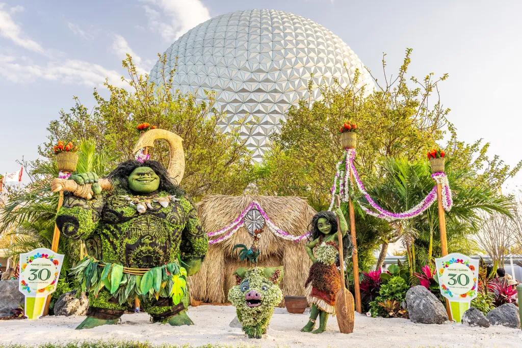 Flower topiaries at the front of EPCOT park - Moana, Maui and a little pig made of flowers.