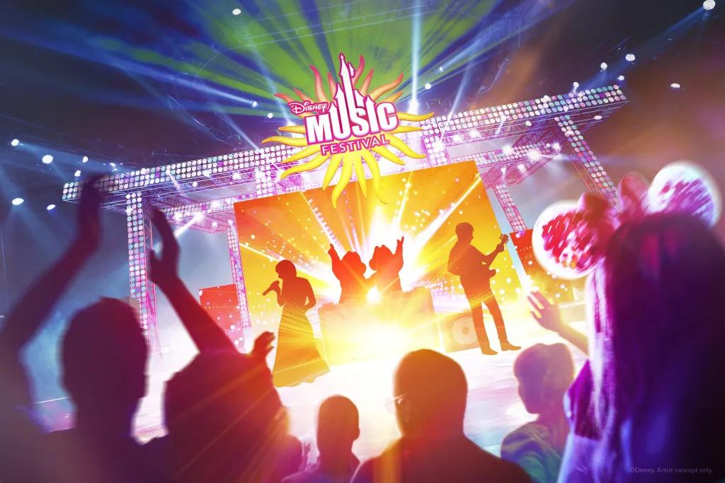 A crowd clapping along to a concert on a stage where there are silhouettes of people playing in a band. On the top of the stage there's a sign of the Disney Music Festival logo.