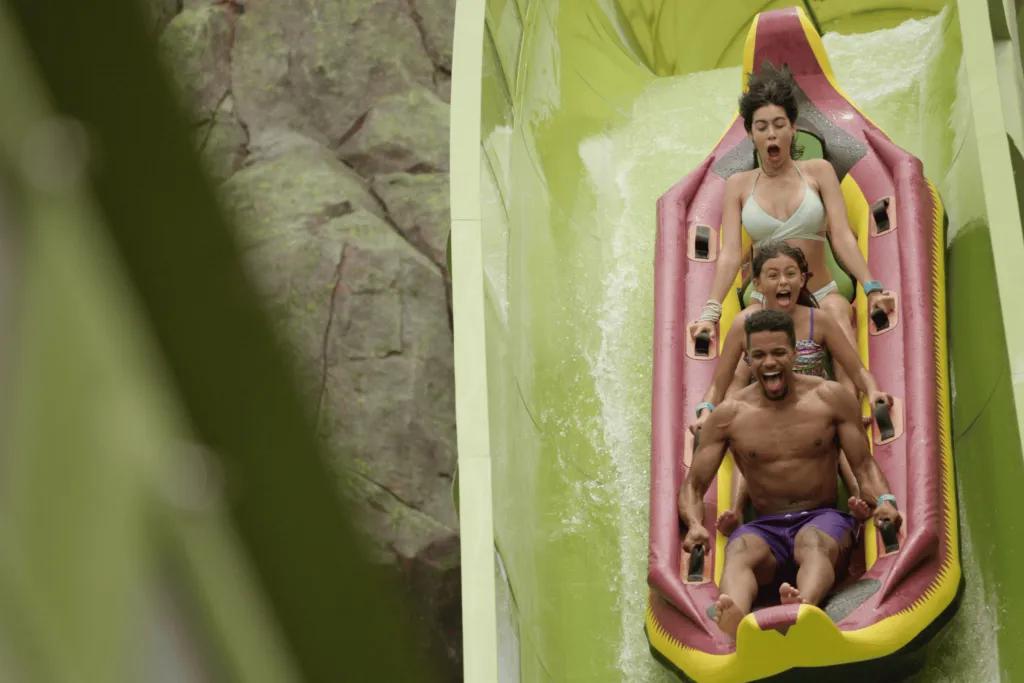 A group of adults screaming as they drop down on a water ride