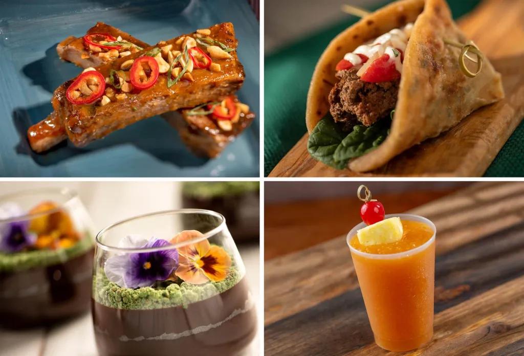 Food selection at EPCOT, including bread with peppers and tomato and herbs on, a wrap with beef inside, a chocolate pot with small flowers on top and a mango and pineapple smoothie.