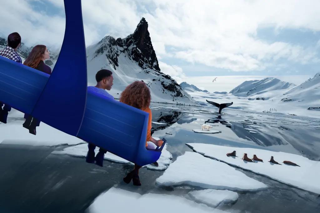 Four people sat on a blue bench soaring above the arctic, where a whale emerges from the ocean and sea lions rest on the ice.