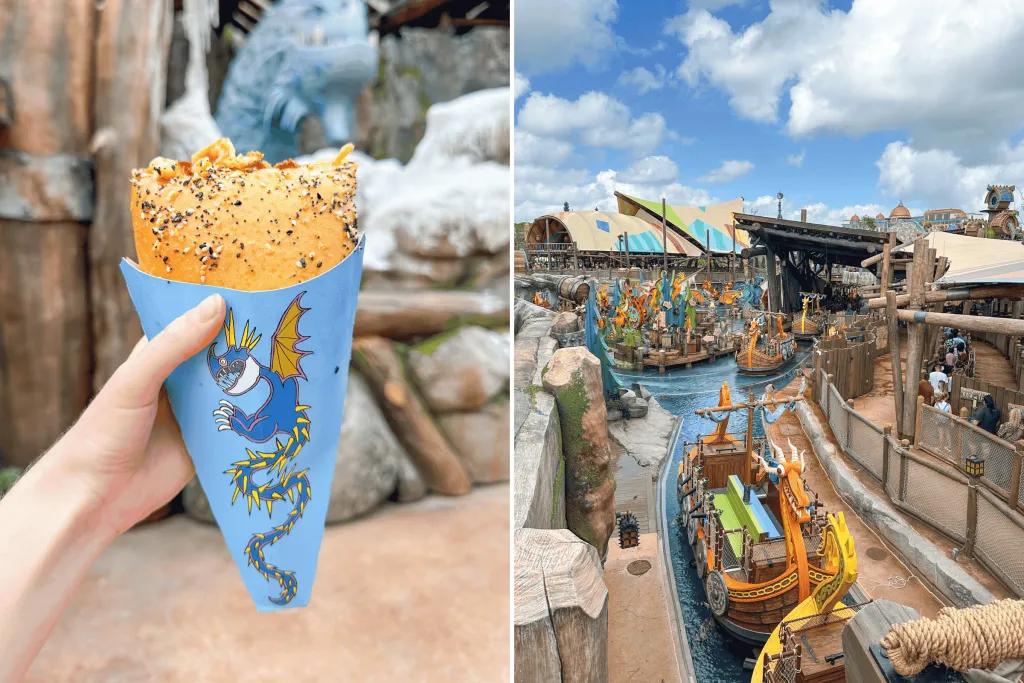 Pictures from Isle of Berk including a mac and cheese cone and a water attraction