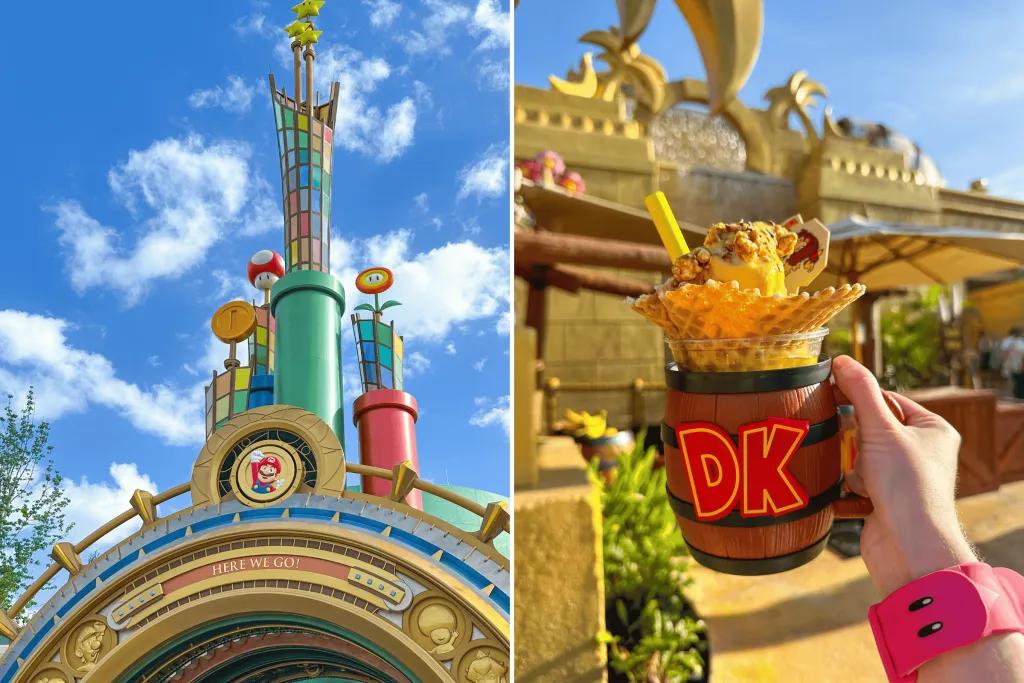 Pictures from Super Nintendo World including the entrance portal and a themed drink