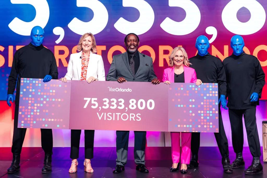 Three professionals at conference holding up a sign that announces Orlando had 75,333,800 visitors