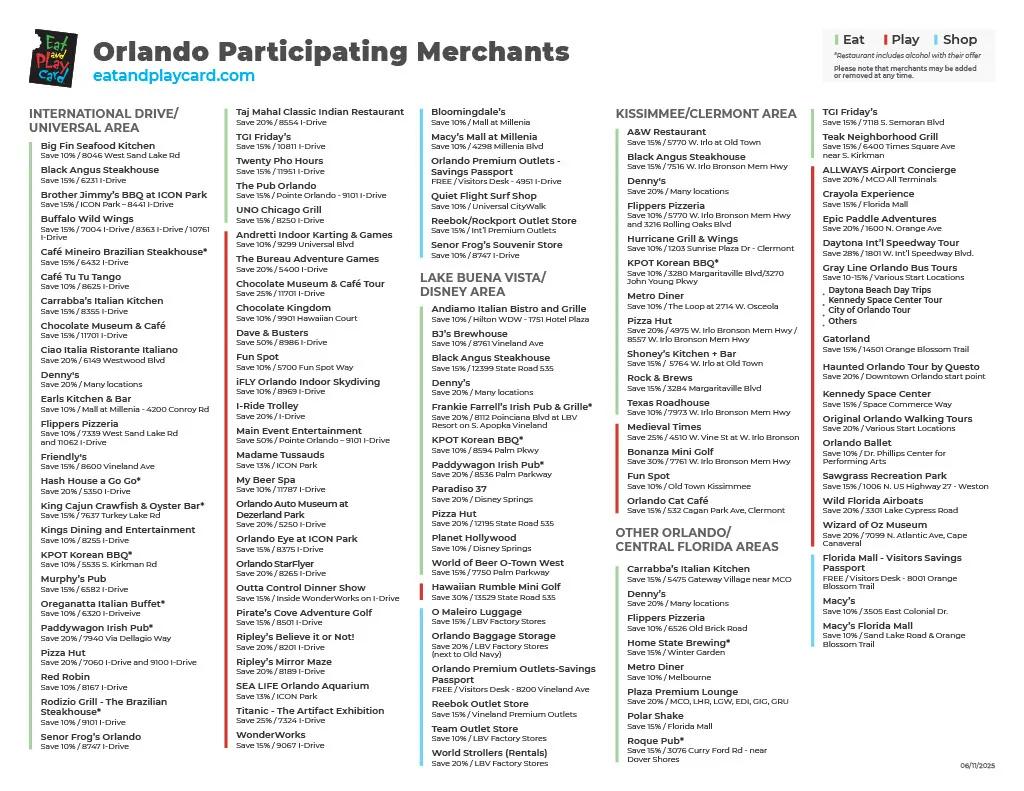 Orlando Eat and Play Card Participating Merchants List