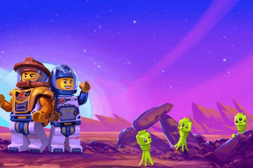 Two lego characters in space suits on a planet with a red surface and three small but cute aliens stood next to them.