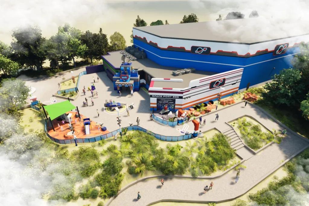 Artist concept of large blue and white building with entrance onto the large weaving path. On the building there are space themed signs including an outline of saturn.
