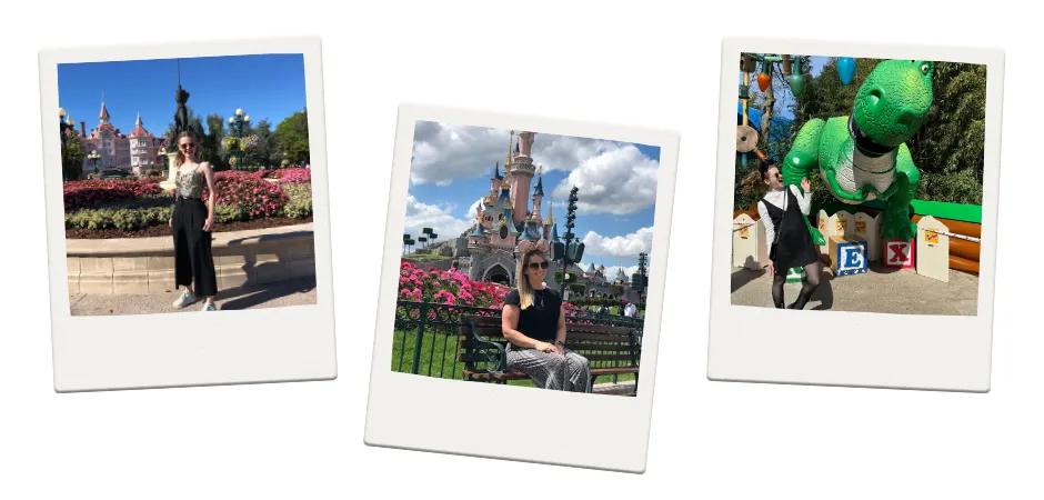 Three polaroid images, one of woman in front of hotel, one of woman sat on bench in front of a grand pink and blue castle and one of a woman in front of toy dinosaur statue.