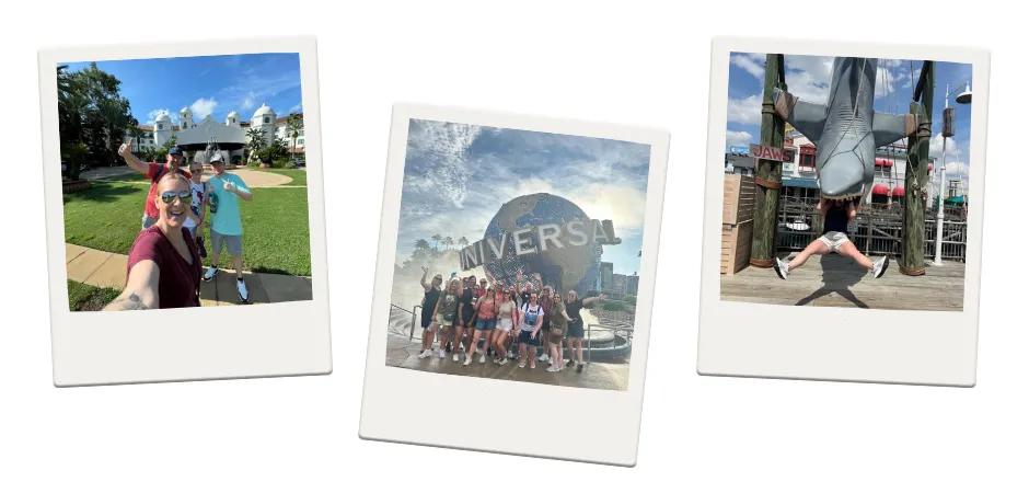 Pictures of staff and families visiting Universal Orlando Resort. One family in front of a white hotel, a group of people on trip in front of Universal globe sign and man getting eaten by a shark statue.