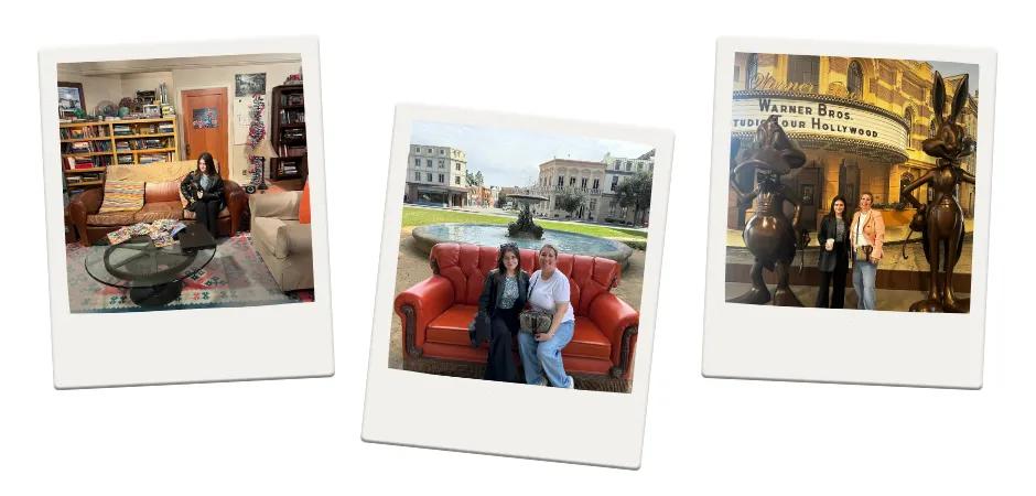 Three polaroid images, one of girl sat on Big Bang Theory living room set, one of mother and daughter sat in front of the Friends fountain and the last of the mother and daughter stood with statues of bugs bunny and another cartoon character.