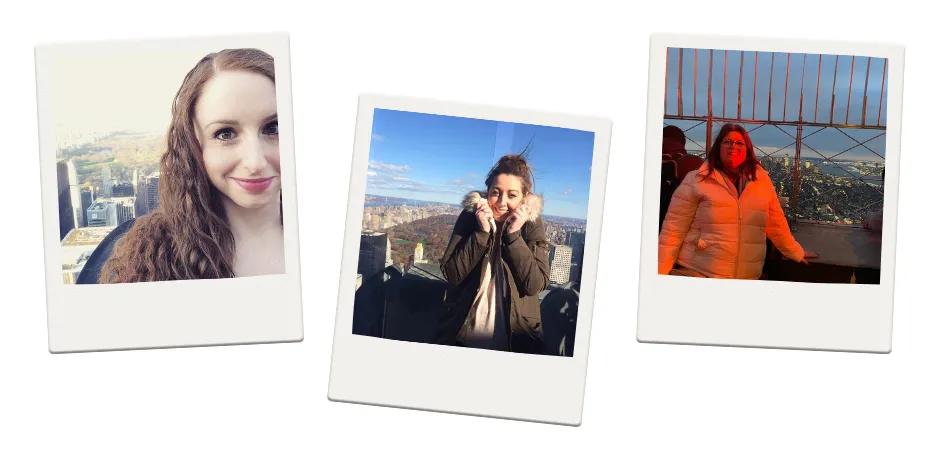 Three polaroid images of women in New York City at the top of a viewing platform.