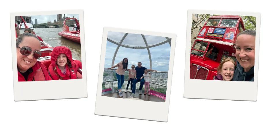 Three polaroid's of families in London attractions. One of woman and child on red speedboat, one of them sightseeing out of glass London eye pod and one of woman and child boarding a red Paddington Bear bus.