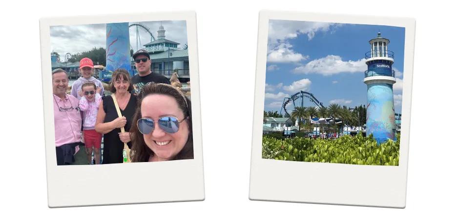 Photos of SeaWorld in polaroid's, one of a family posing for a selfie at the front of the park and the other of the lighthouse and a blue rollercoaster next to it. 