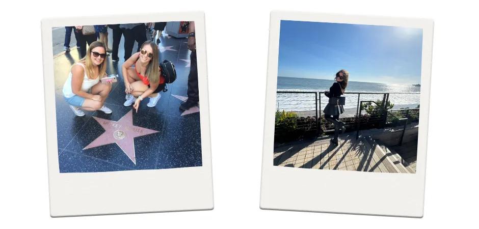 Two girls posing with a pink Hollywood star and another photo of girl in a stylish outfit posing with leg lifted and the ocean behind her.  